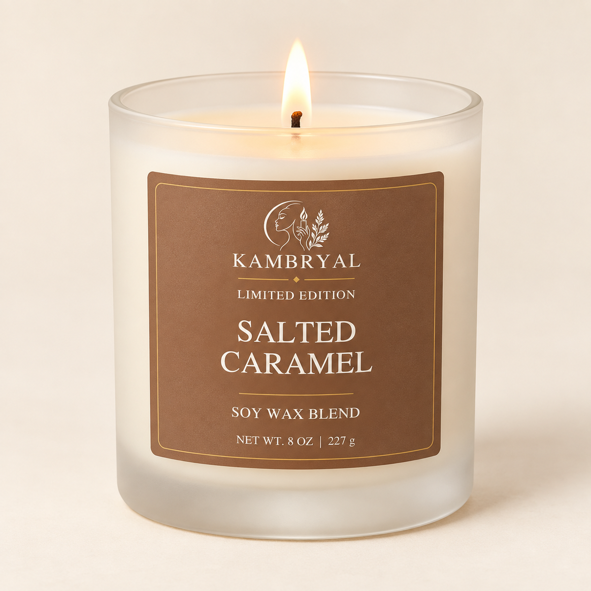 KAMBRYAL Salted Caramel limited edition candle in a frosted glass vessel