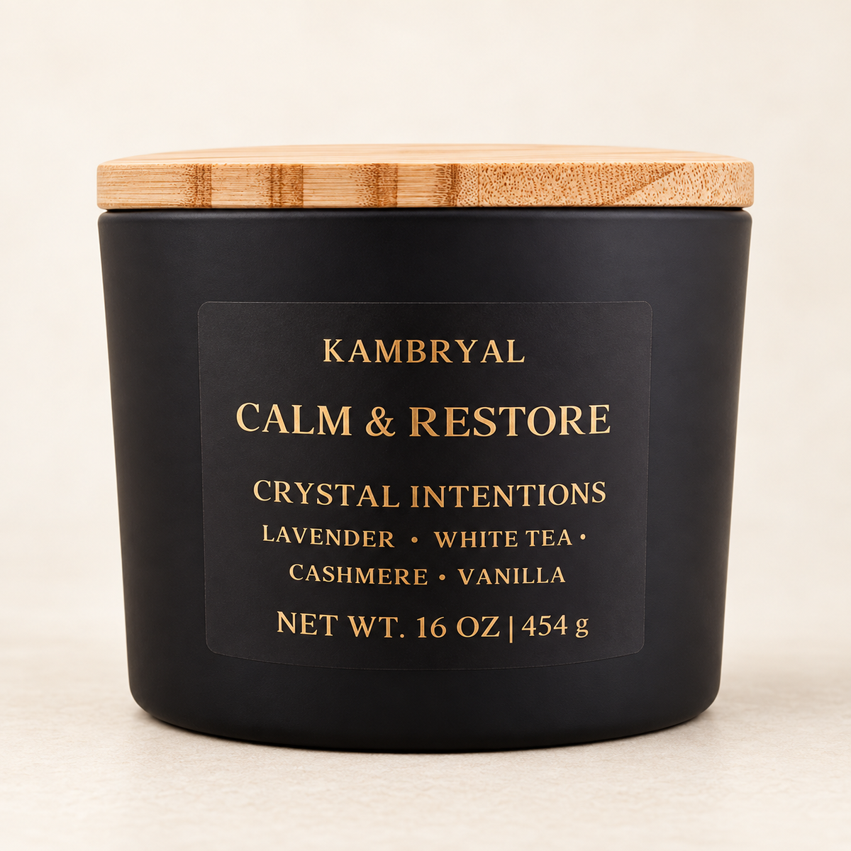 KAMBRYAL Calm & Restore 16 oz three-wick candle with bamboo lid