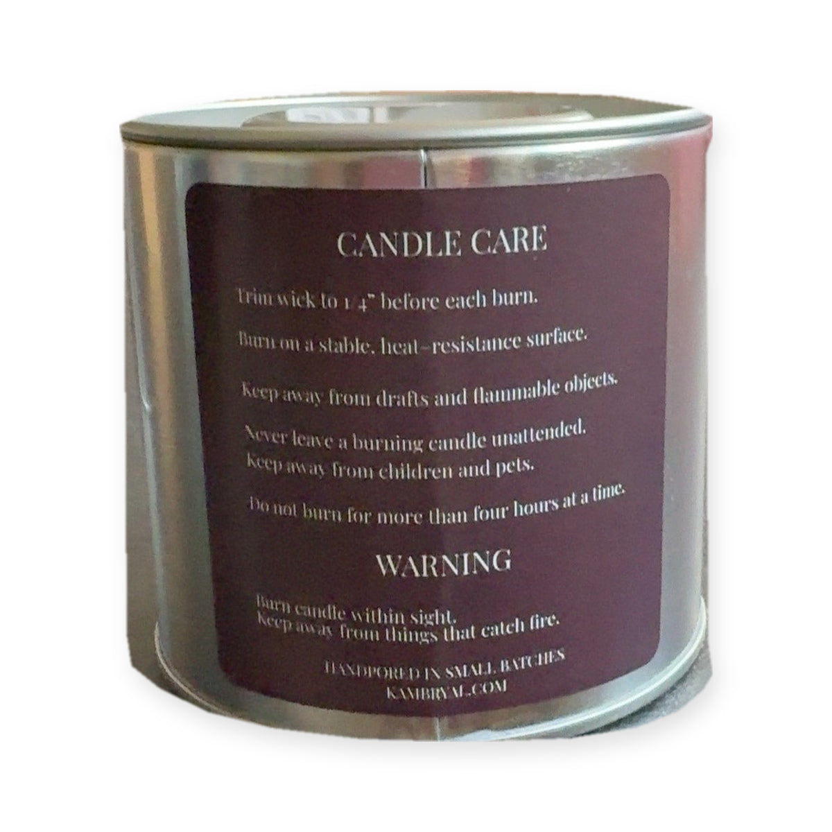 KAMBRYAL Damask Plum silver tin candle care back