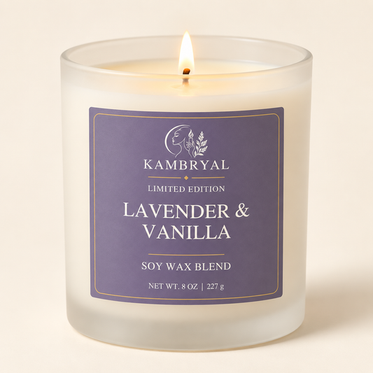 KAMBRYAL Lavender & Vanilla limited edition candle in a frosted glass vessel