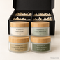 Packaging mockup of KAMBRYAL four-pack sampler: four frosted 2 oz jars with bamboo lids in Indulgence, Calm & Restore, Manifest & Abundance, and Tropical Sage, with black gift box.
