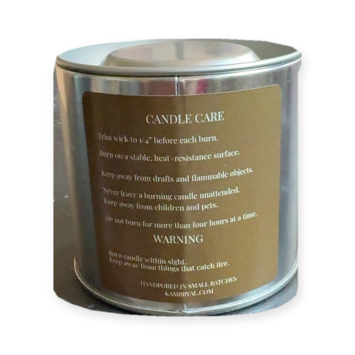 KAMBRYAL Mocha Suede silver tin candle care back